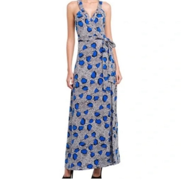 DVF Diane Von Furstenberg Samson Maxi Wrap Dress Blue Cheetah Sz 4 - Picture 3 of 11